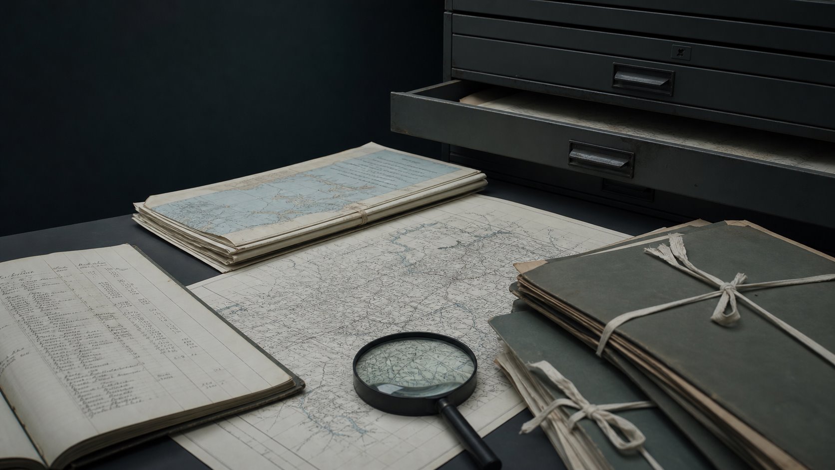 Archival maps, record folders and research documents