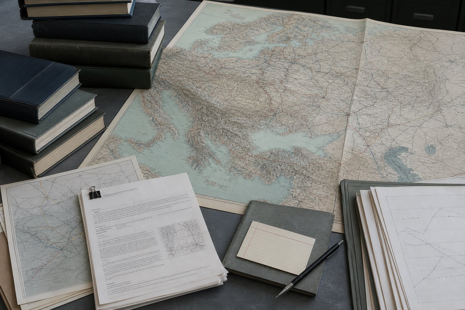 Research materials arranged around a map of Eurasia